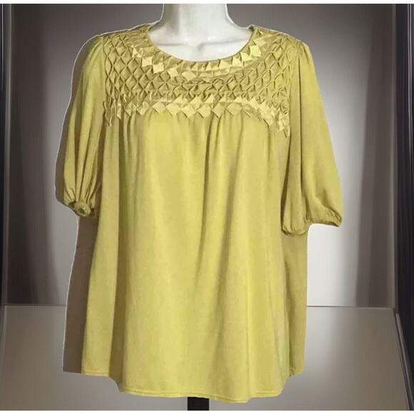 Peter Nygard Top Womens M Argyle Blouse Pullover Yellow Stretch 3/4 SLV Bohemian - Picture 1 of 7